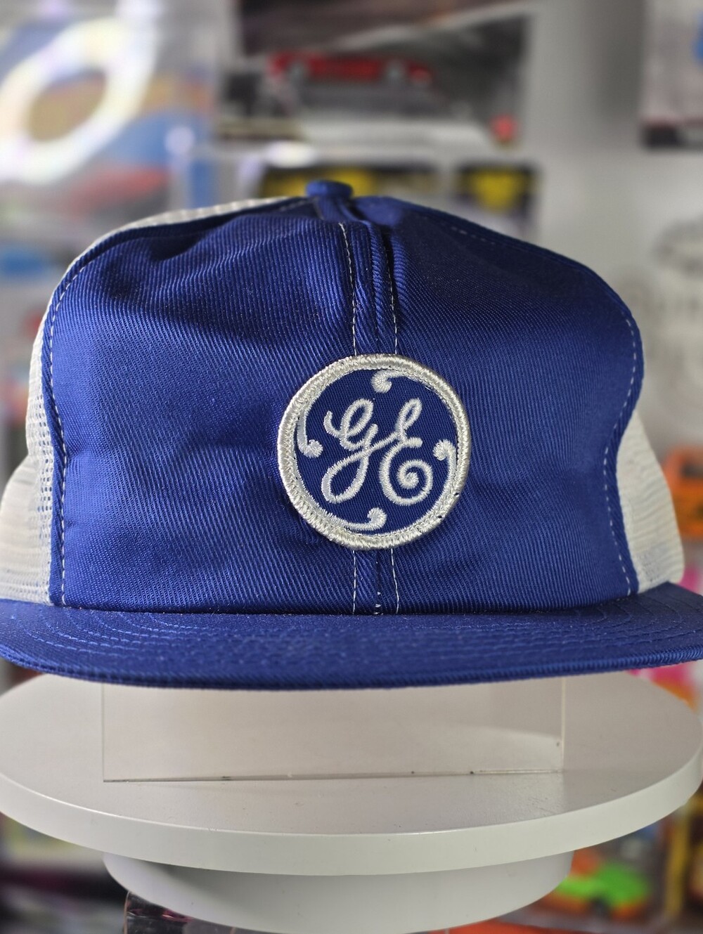 Snapback Trucker Hat Vintage Mesh GE Advertising Blue & White General Electric